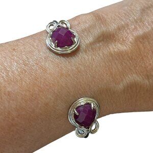Rustic Cuff Faceted Cranberry Stone adjustable Metal Bracelet